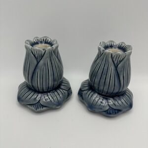 Set‎ Of 2 Vintage Blue Lotus Flower Candle Holders 4"